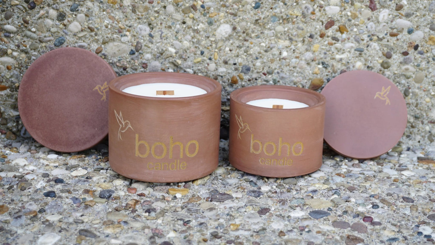 market mornings candle. honey & chocolate croissant scent + refillable concrete vessel, wood wick - boho candle