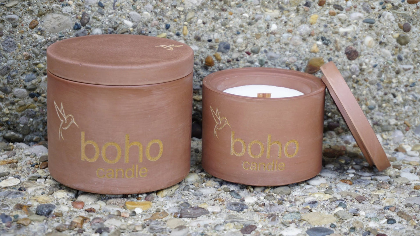 market mornings candle. honey & chocolate croissant scent + refillable concrete vessel, wood wick - boho candle