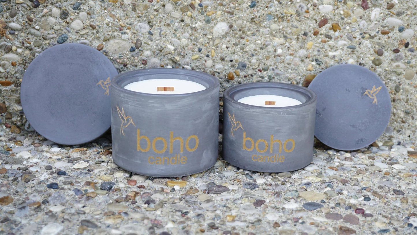 prairie smoke candle. leather & ambered tobacco scent + refillable concrete vessel, wood wick - boho candle