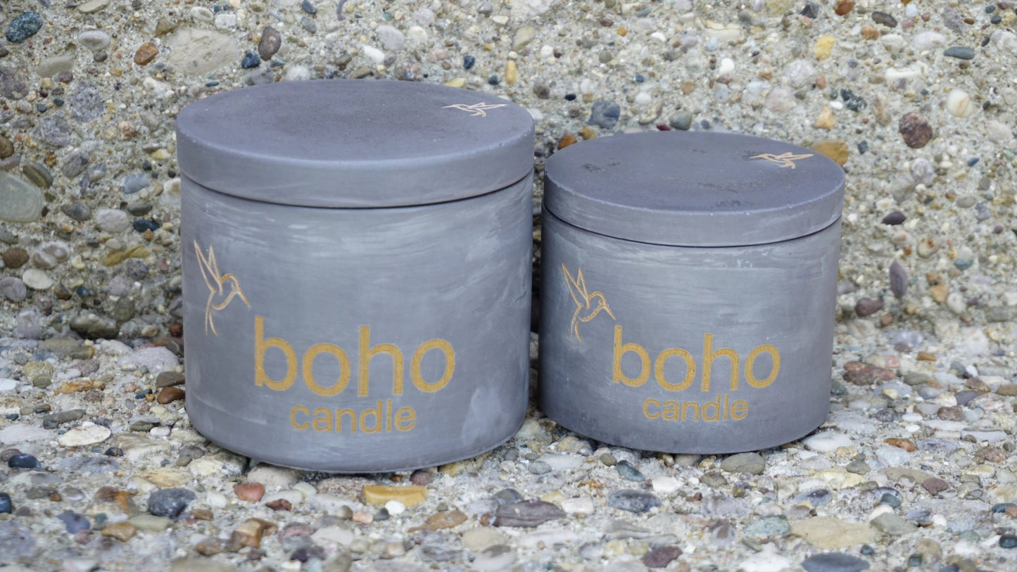 prairie smoke candle. leather & ambered tobacco scent + refillable concrete vessel, wood wick - boho candle