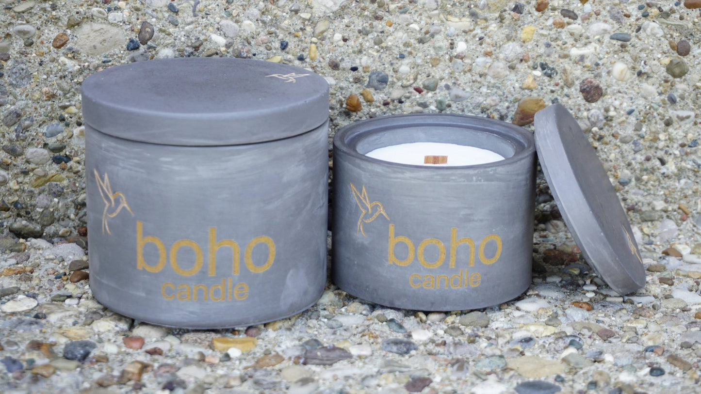 prairie smoke candle. leather & ambered tobacco scent + refillable concrete vessel, wood wick - boho candle
