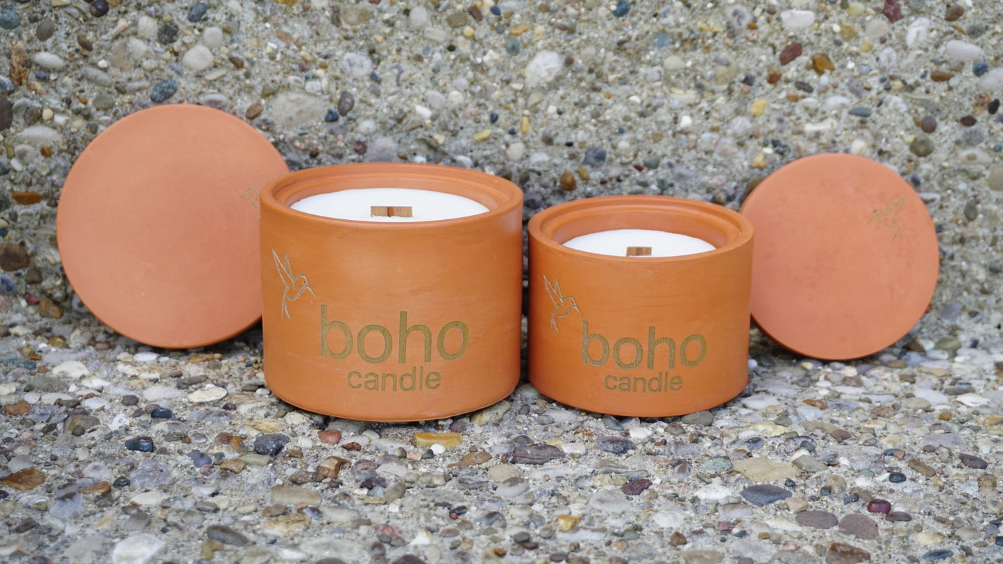 harvest spice candle. pumpkin & spice scent + refillable concrete vessel, wood wick - boho candle