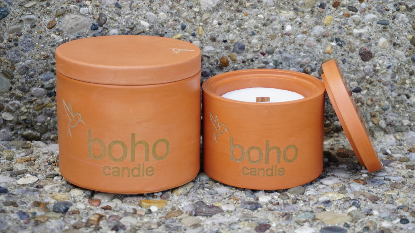harvest spice candle. pumpkin & spice scent + refillable concrete vessel, wood wick - boho candle