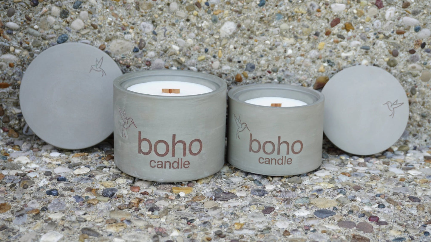 nomad night candle. bergamot cedar musk scent + refillable concrete vessel, wood wick - boho candle