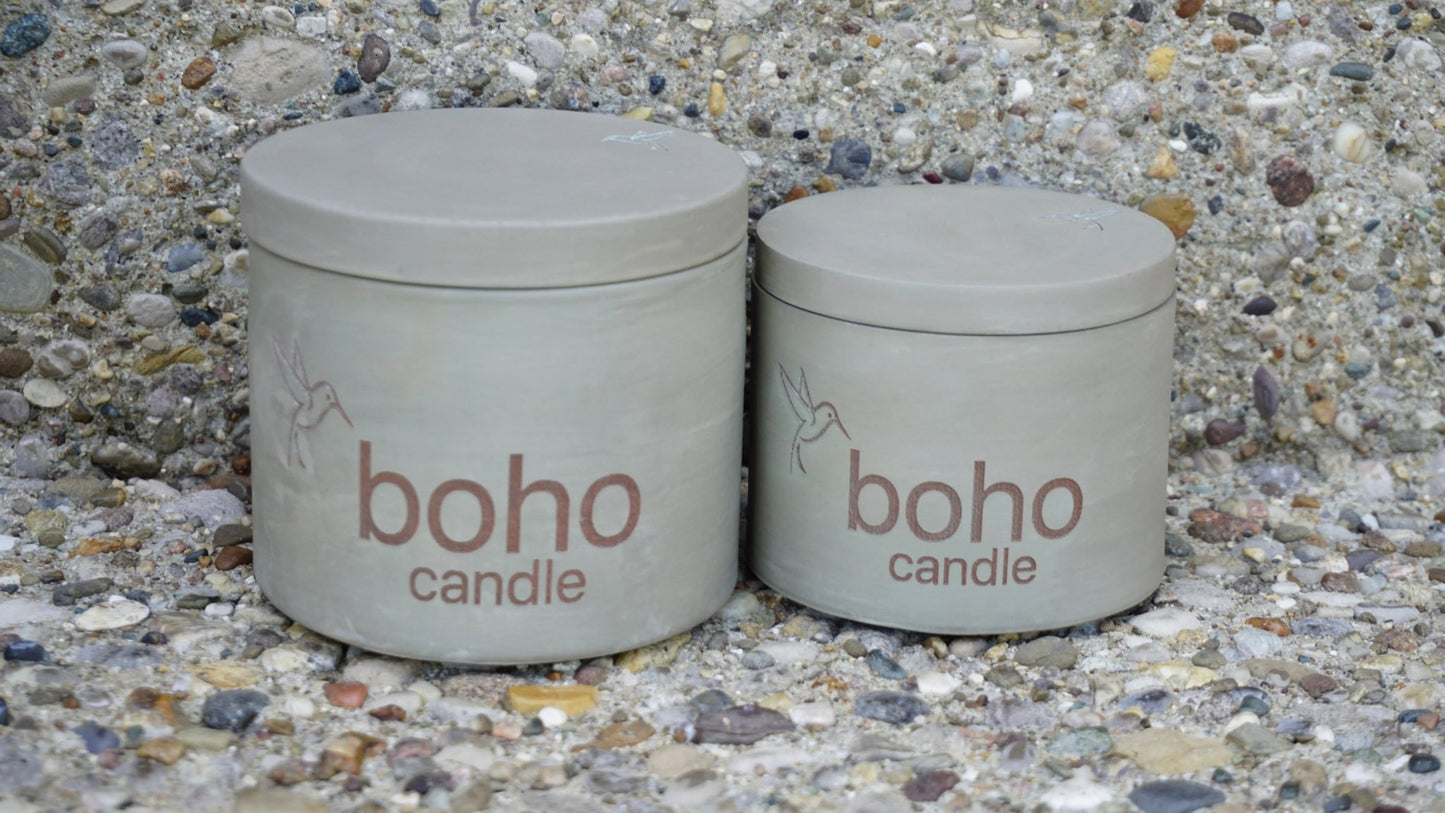 nomad night candle. bergamot cedar musk scent + refillable concrete vessel, wood wick - boho candle